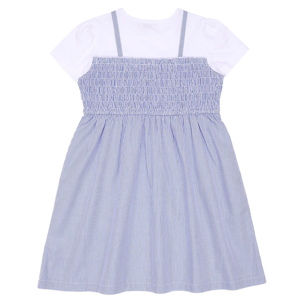 ベビー服 女の子 リボンつき ストライプ柄重ね着風ワンピース ブルー(61) 背面