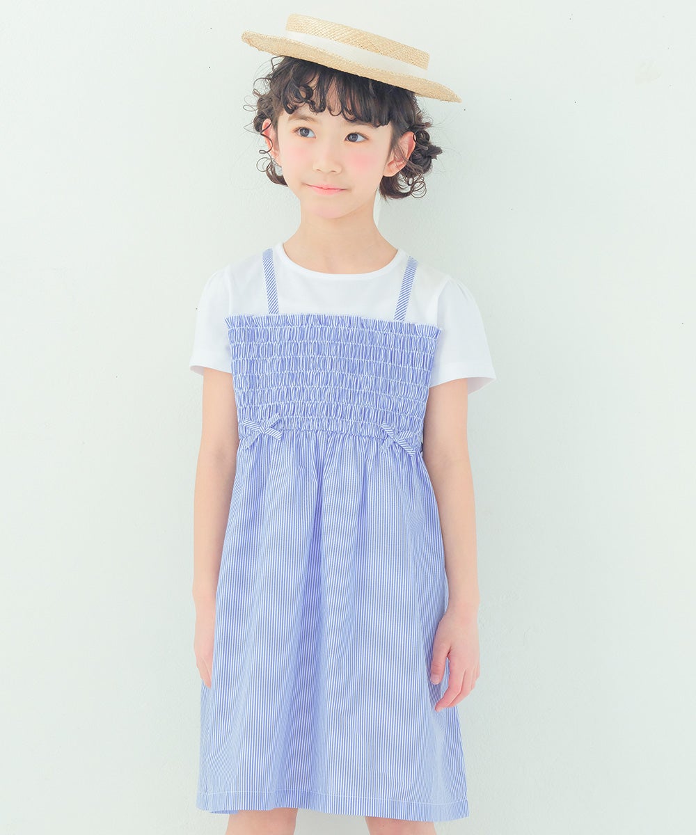 ベビー服 女の子 リボンつき ストライプ柄重ね着風ワンピース ブルー(61) モデル画像アップ