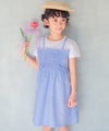 ベビー服 女の子 リボンつき ストライプ柄重ね着風ワンピース ブルー(61) モデル画像全身