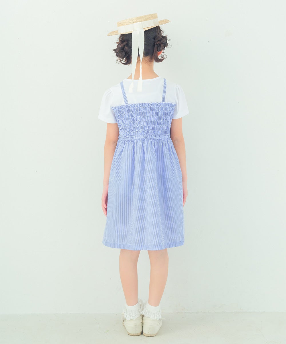 ベビー服 女の子 リボンつき ストライプ柄重ね着風ワンピース ブルー(61) モデル画像2