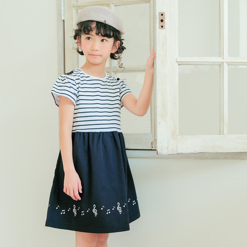 ベビー服 女の子 音符プリント 肩あき袖 ボーダー柄ドッキングワンピース