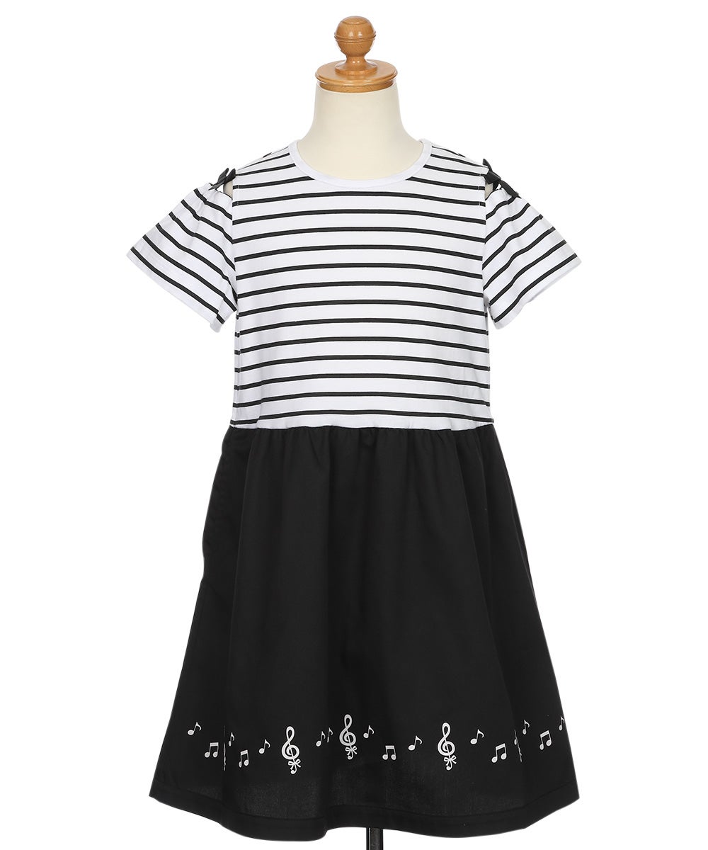 ベビー服 女の子 子ども服 こども服 キッズ ジュニア ボーダー柄 音符プリント 肩あき リボンつき袖 ドッキングワンピース ホワイト×ブラック(10) トルソー背面