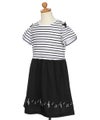ベビー服 女の子 子ども服 こども服 キッズ ジュニア ボーダー柄 音符プリント 肩あき リボンつき袖 ドッキングワンピース ホワイト×ブラック(10) トルソー斜め