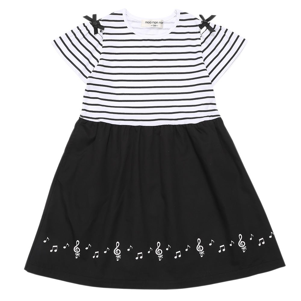 ベビー服 女の子 音符プリント 肩あき袖 ボーダー柄ドッキングワンピース ホワイト×ブラック(10) 正面