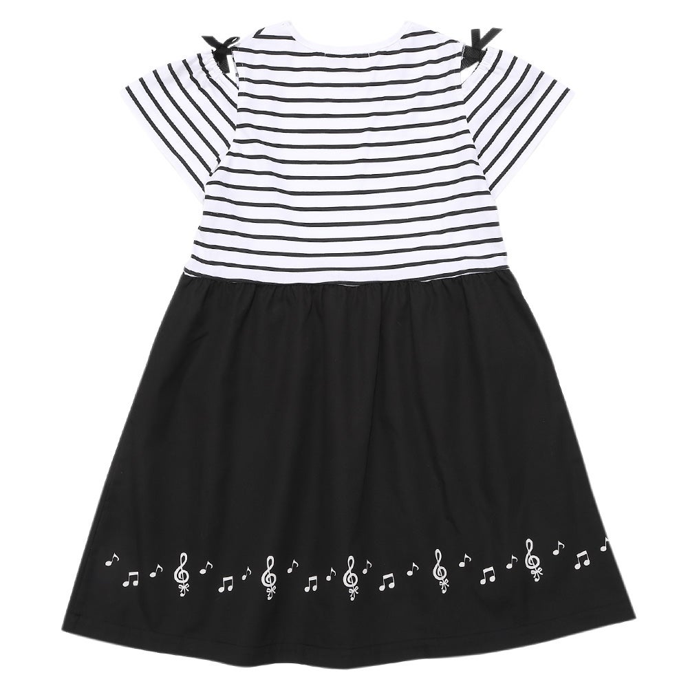 ベビー服 女の子 音符プリント 肩あき袖 ボーダー柄ドッキングワンピース ホワイト×ブラック(10) 背面