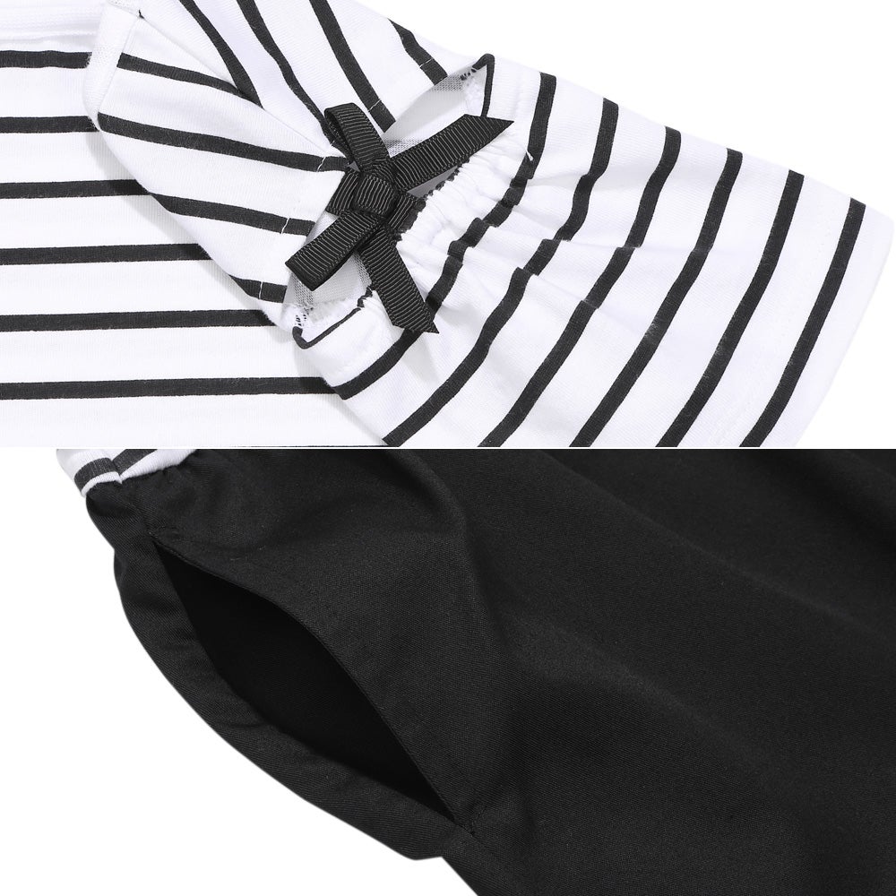 ベビー服 女の子 音符プリント 肩あき袖 ボーダー柄ドッキングワンピース ホワイト×ブラック(10) デザインポイント2