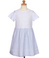 ベビー服 女の子 子ども服 こども服 キッズ ジュニア ボーダー柄 音符プリント 肩あき リボンつき袖 ドッキングワンピース ブルー(61) トルソー正面
