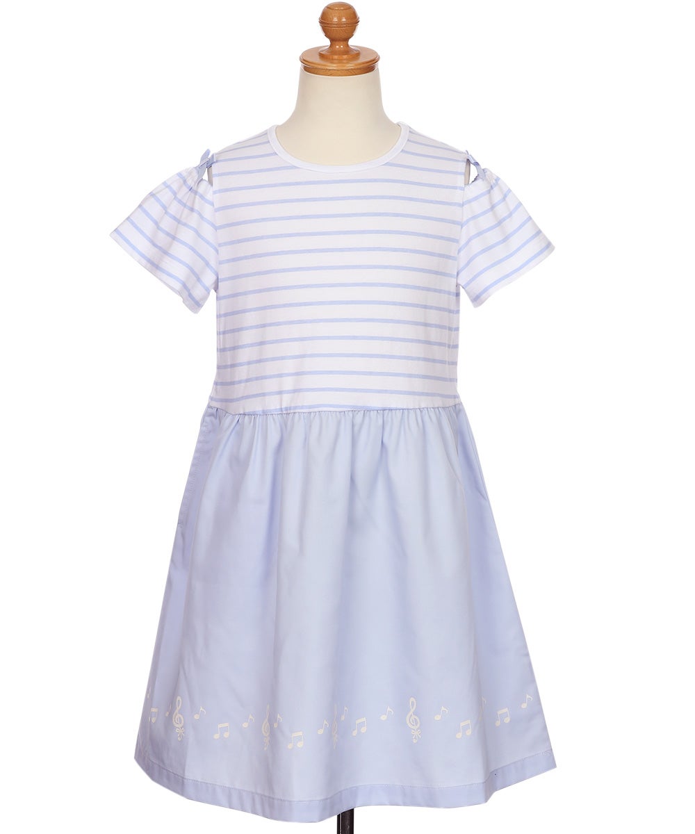 ベビー服 女の子 子ども服 こども服 キッズ ジュニア ボーダー柄 音符プリント 肩あき リボンつき袖 ドッキングワンピース ブルー(61) トルソー正面