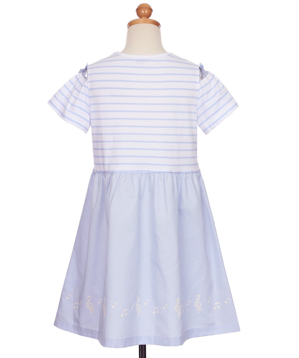 ベビー服 女の子 子ども服 こども服 キッズ ジュニア ボーダー柄 音符プリント 肩あき リボンつき袖 ドッキングワンピース ブルー(61) トルソー背面