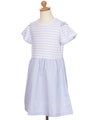 ベビー服 女の子 子ども服 こども服 キッズ ジュニア ボーダー柄 音符プリント 肩あき リボンつき袖 ドッキングワンピース ブルー(61) トルソー斜め