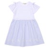 ベビー服 女の子 子ども服 こども服 キッズ ジュニア ボーダー柄 音符プリント 肩あき リボンつき袖 ドッキングワンピース ブルー(61) 正面