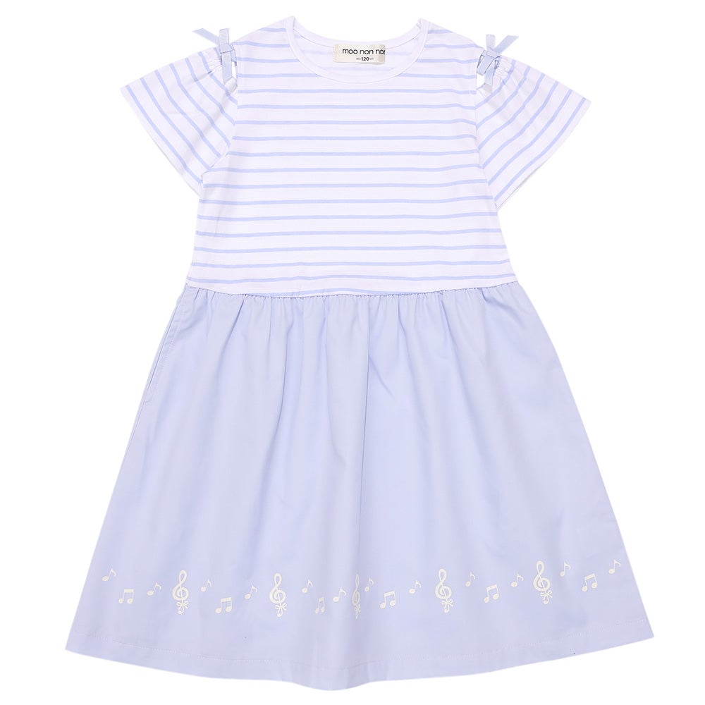 ベビー服 女の子 子ども服 こども服 キッズ ジュニア ボーダー柄 音符プリント 肩あき リボンつき袖 ドッキングワンピース ブルー(61) 正面