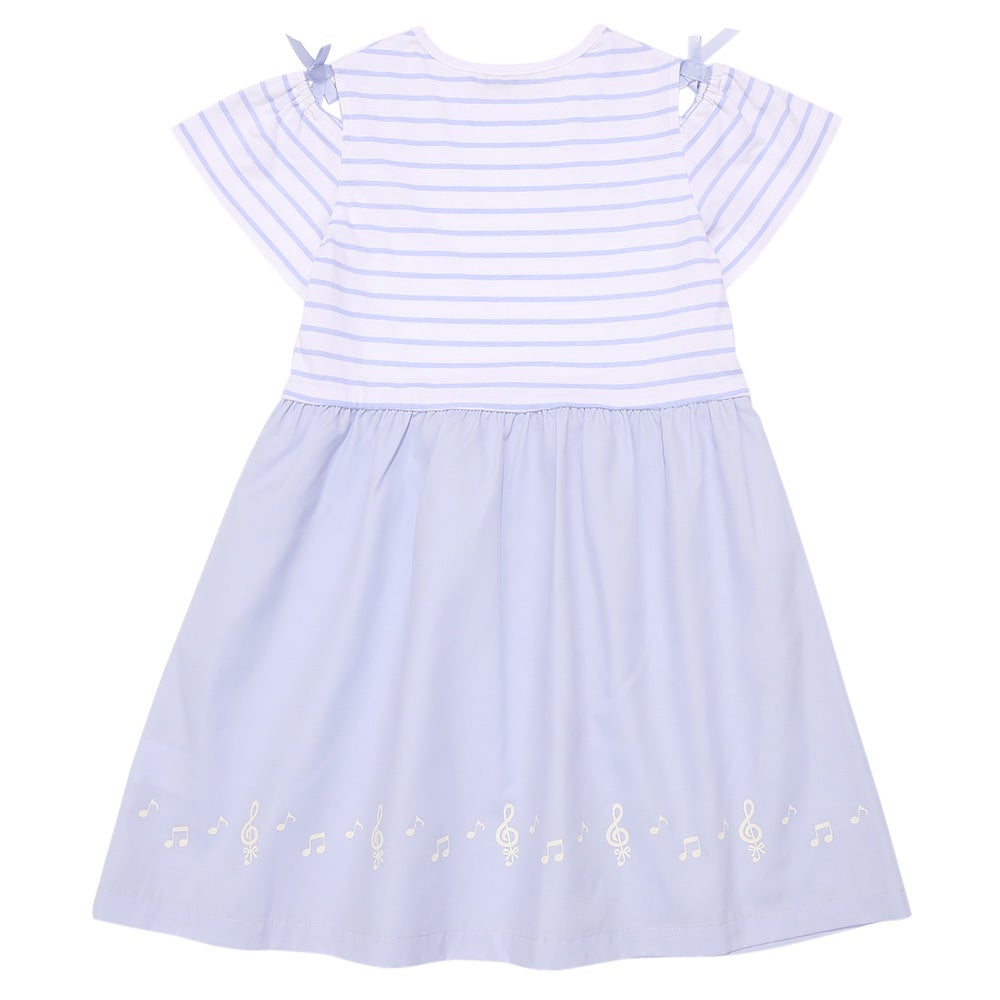 ベビー服 女の子 子ども服 こども服 キッズ ジュニア ボーダー柄 音符プリント 肩あき リボンつき袖 ドッキングワンピース ブルー(61) 背面