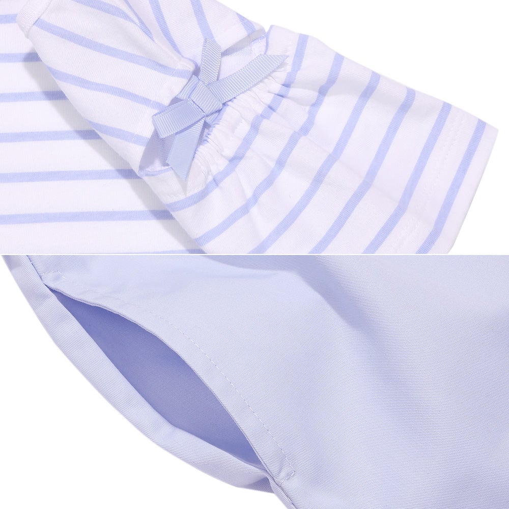 ベビー服 女の子 音符プリント 肩あき袖 ボーダー柄ドッキングワンピース ブルー(61) デザインポイント2