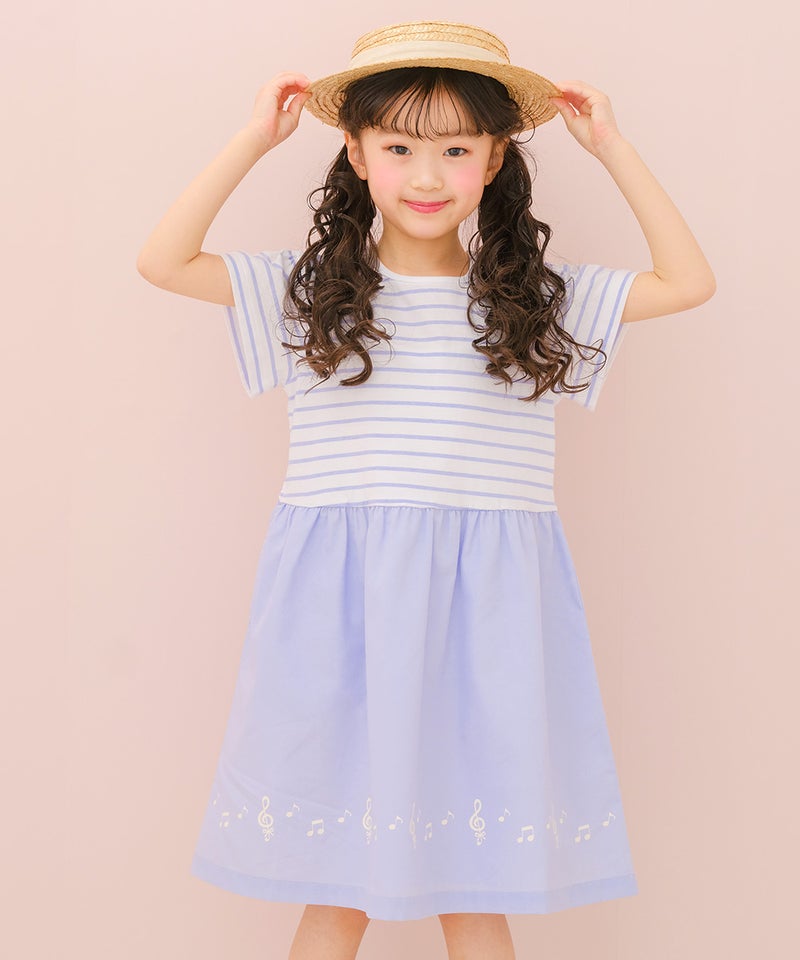 ボーダー柄リボン付きドッキングワンピース