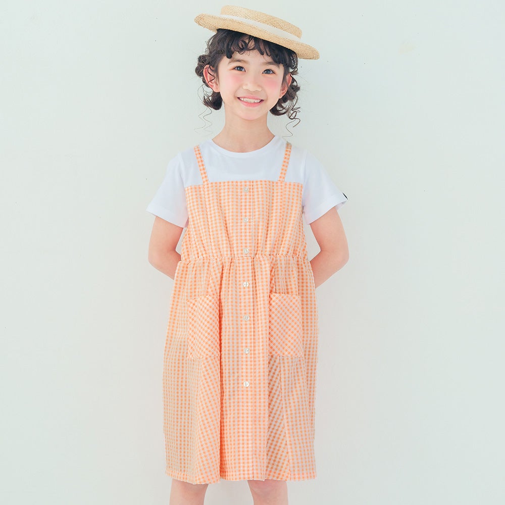 ベビー服 女の子 ギンガムチェック柄 重ね着風ワンピース