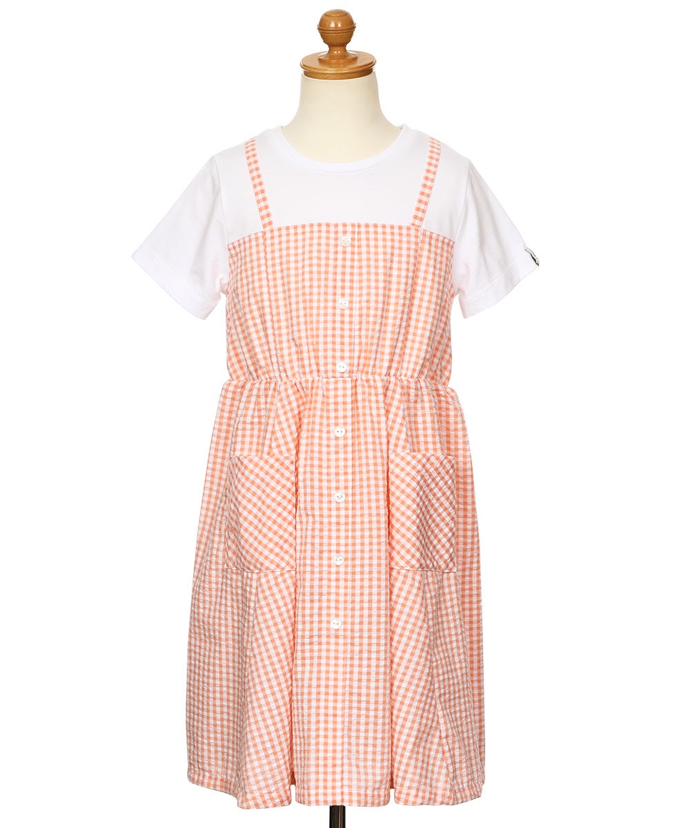 ベビー服 女の子 子ども服 こども服 こども キッズ ジュニア ギンガムチェック柄 重ね着風 ポケット オレンジ(07) トルソー背面