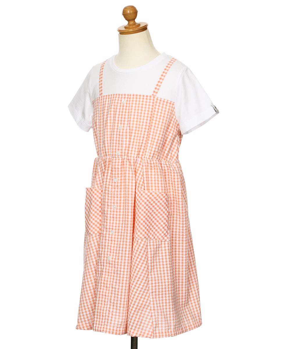 ベビー服 女の子 子ども服 こども服 こども キッズ ジュニア ギンガムチェック柄 重ね着風 ポケット オレンジ(07) トルソー斜め