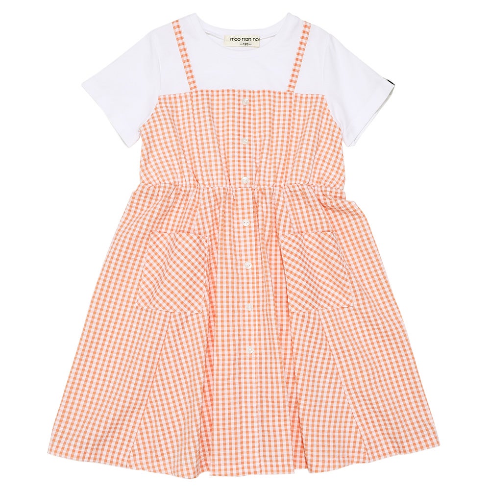 ベビー服 女の子 ギンガムチェック柄 重ね着風ワンピース オレンジ(07) 正面