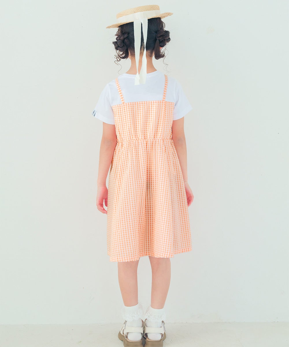 ベビー服 女の子 ギンガムチェック柄 重ね着風ワンピース オレンジ(07) モデル画像全身