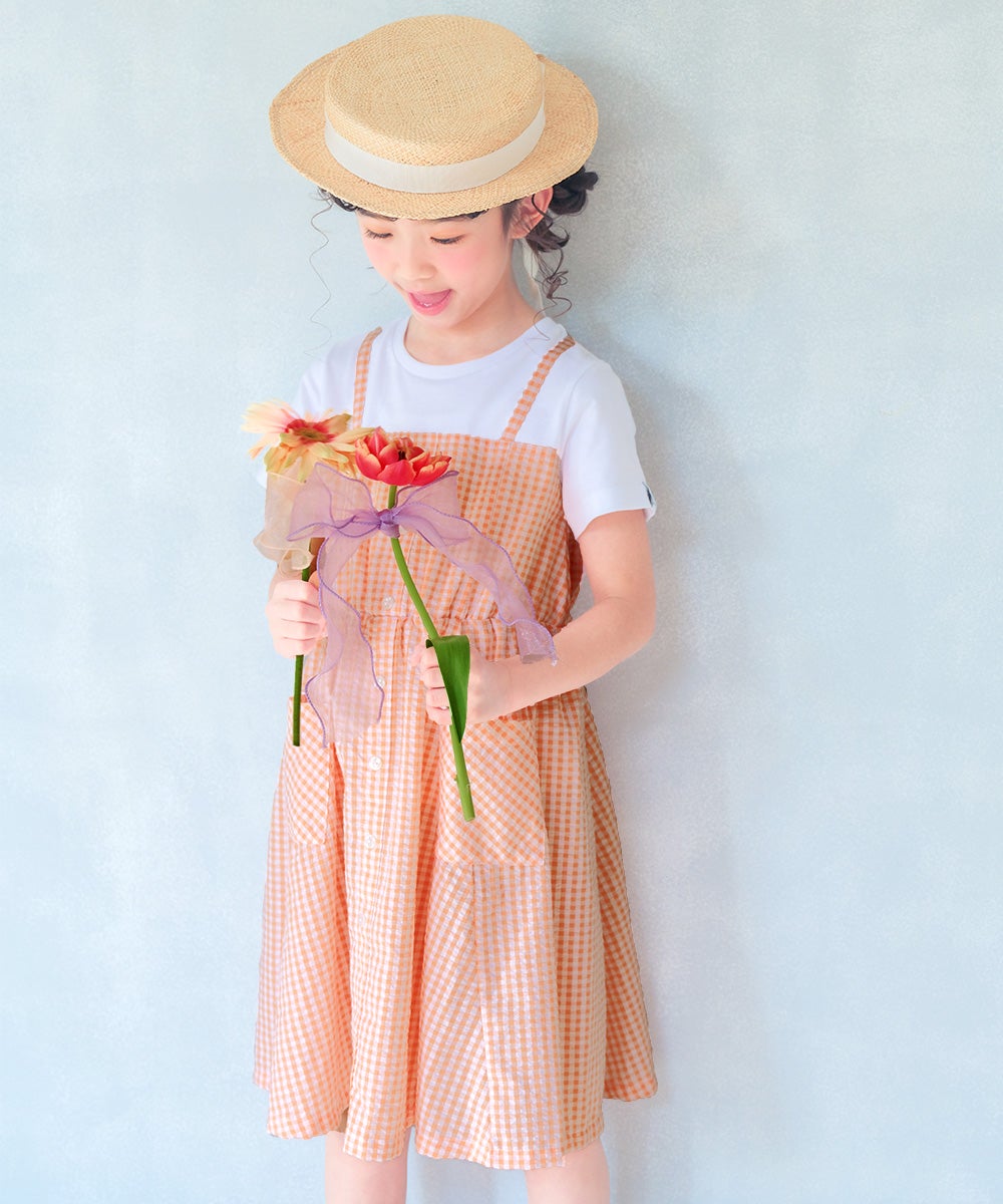 ベビー服 女の子 子ども服 こども服 こども キッズ ジュニア ギンガムチェック柄 重ね着風 ポケット オレンジ(07) モデル画像1