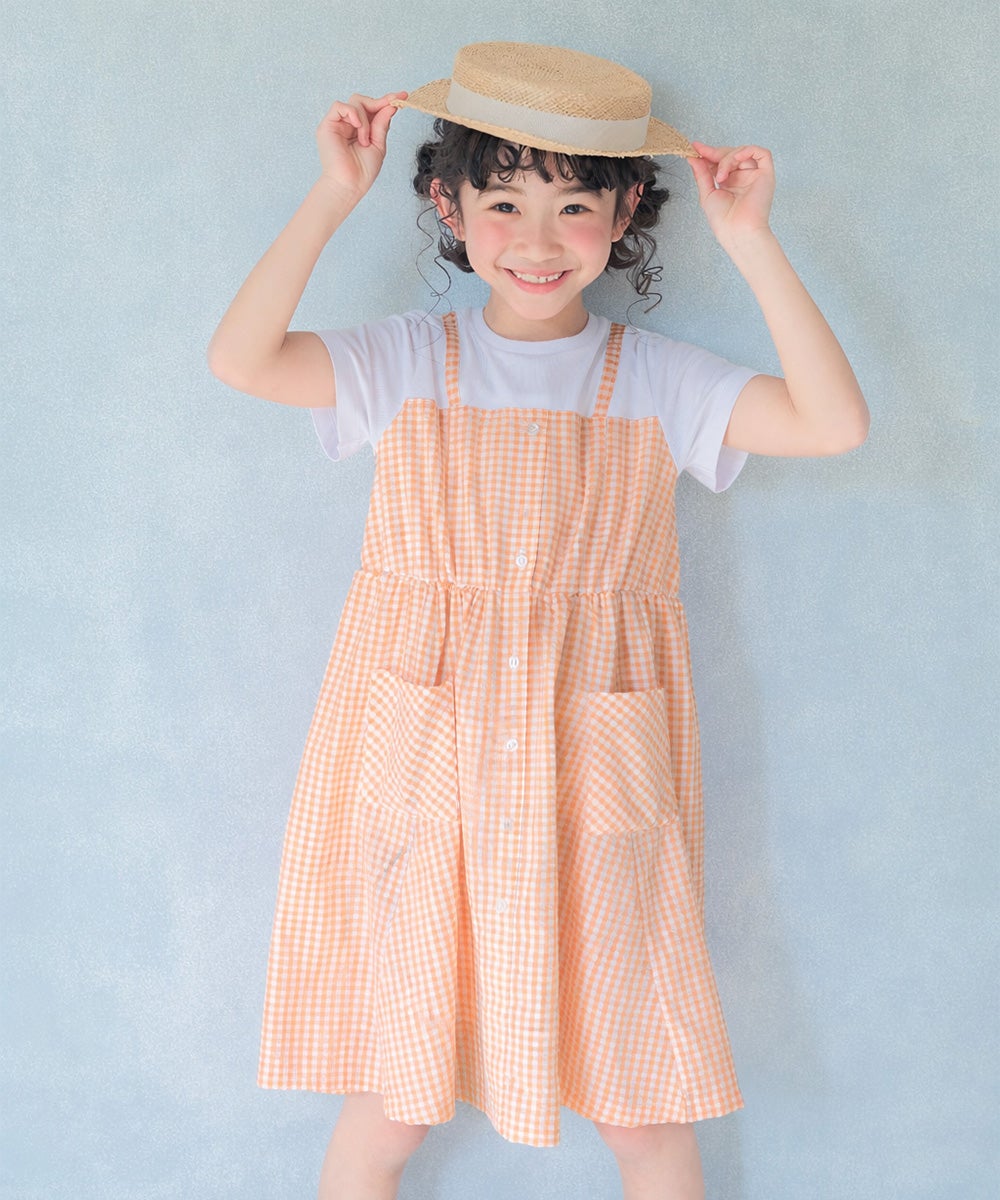 ベビー服 女の子 ギンガムチェック柄 重ね着風ワンピース オレンジ(07) モデル画像3