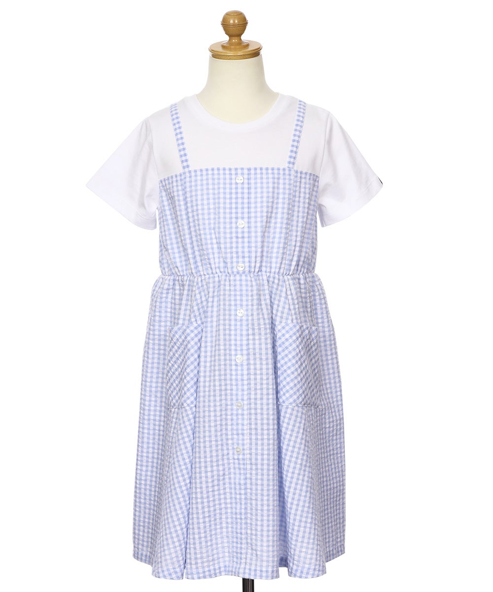 ベビー服 女の子 子ども服 こども服 こども キッズ ジュニア ギンガムチェック柄 重ね着風 ポケット ブルー(61) トルソー正面