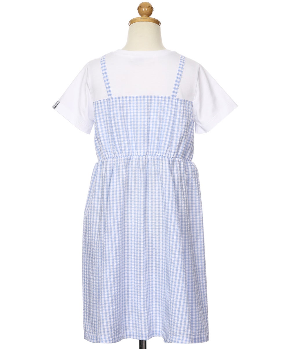 ベビー服 女の子 子ども服 こども服 こども キッズ ジュニア ギンガムチェック柄 重ね着風 ポケット ブルー(61) トルソー背面