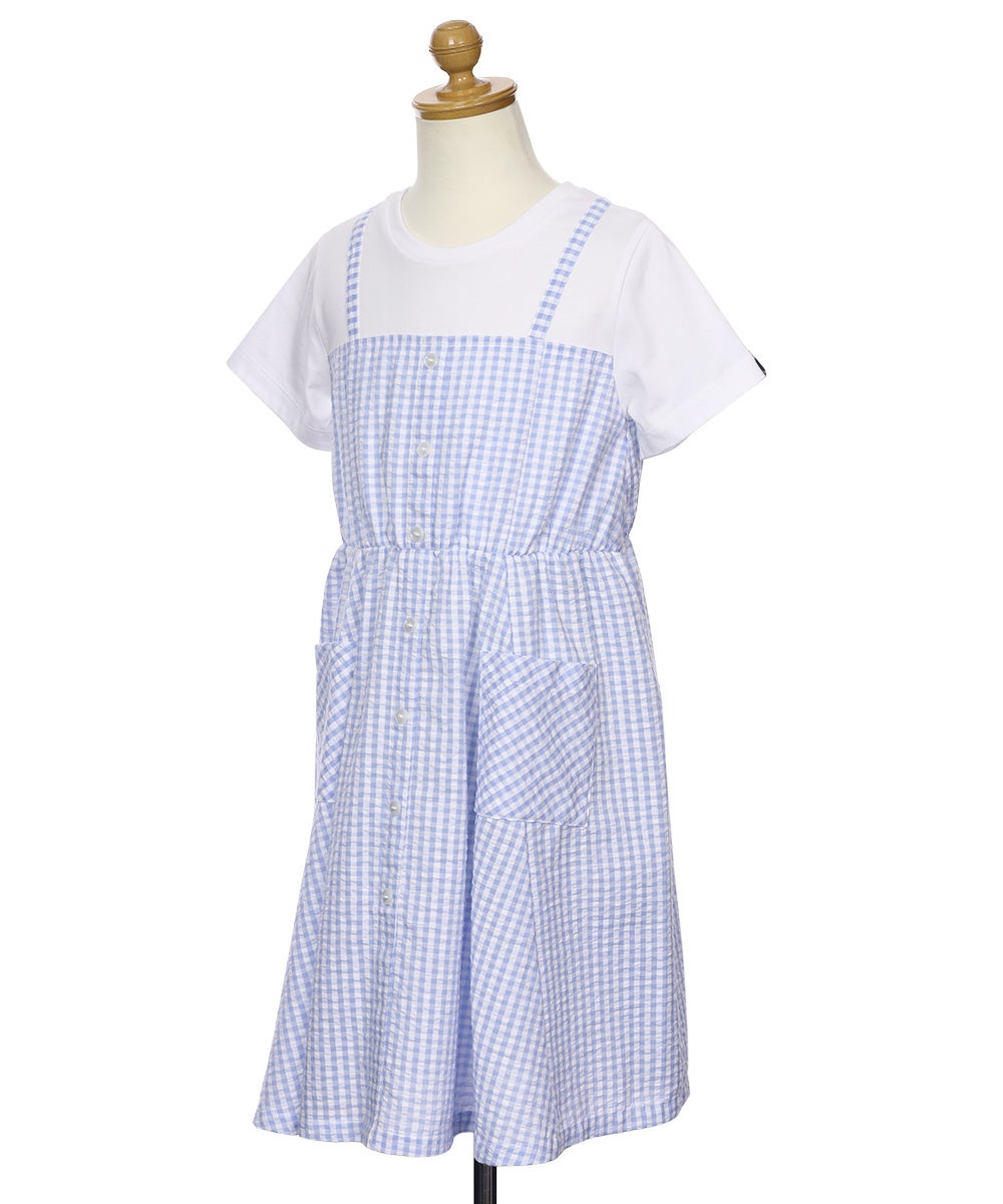 ベビー服 女の子 子ども服 こども服 こども キッズ ジュニア ギンガムチェック柄 重ね着風 ポケット ブルー(61) トルソー斜め