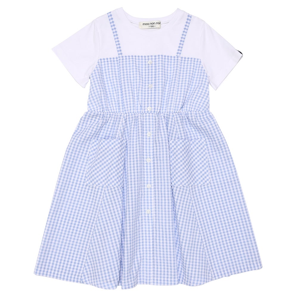 ベビー服 女の子 子ども服 こども服 こども キッズ ジュニア ギンガムチェック柄 重ね着風 ポケット ブルー(61) 正面