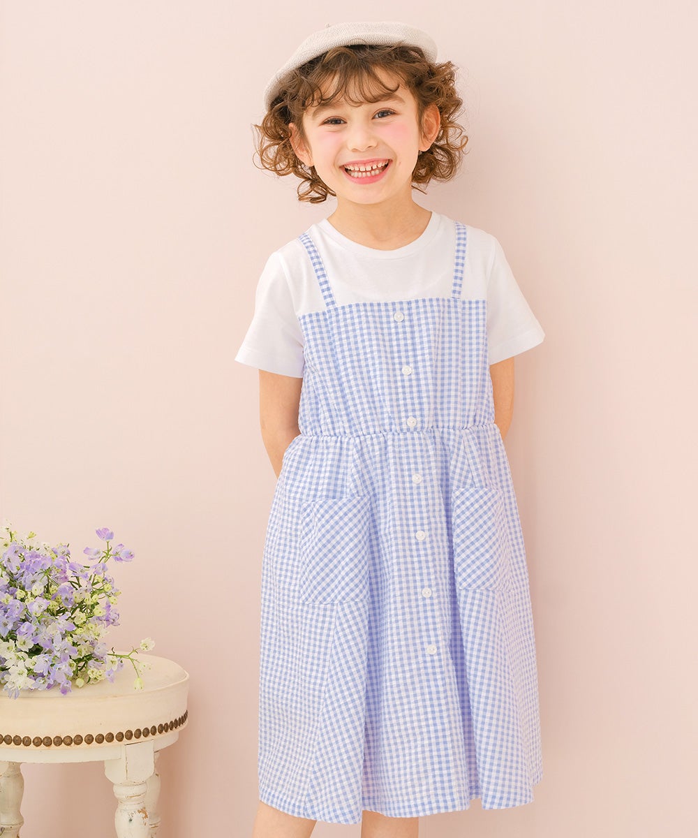 ベビー服 女の子 子ども服 こども服 こども キッズ ジュニア ギンガムチェック柄 重ね着風 ポケット ブルー(61) モデル画像アップ