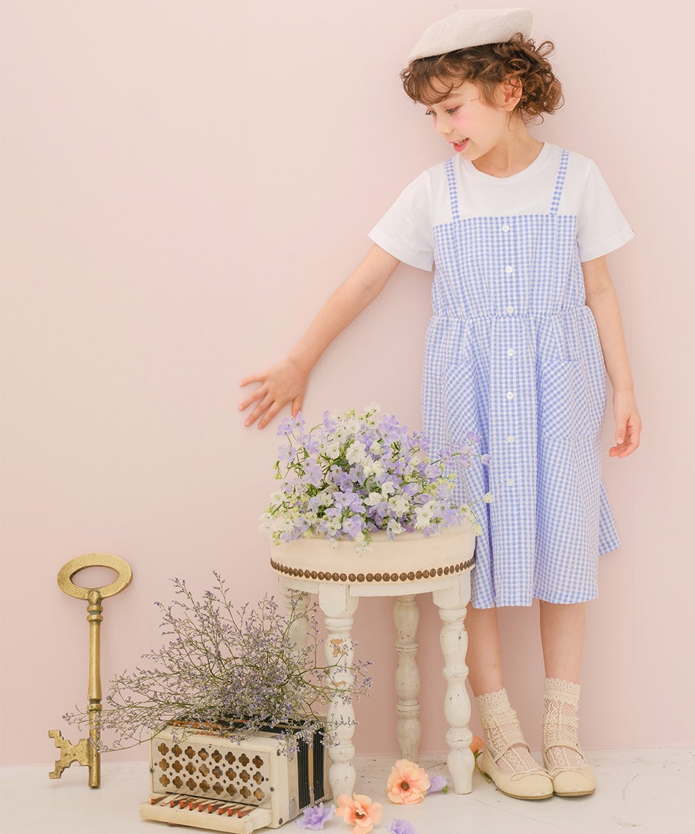 ベビー服 女の子 子ども服 こども服 こども キッズ ジュニア ギンガムチェック柄 重ね着風 ポケット ブルー(61) モデル画像全身