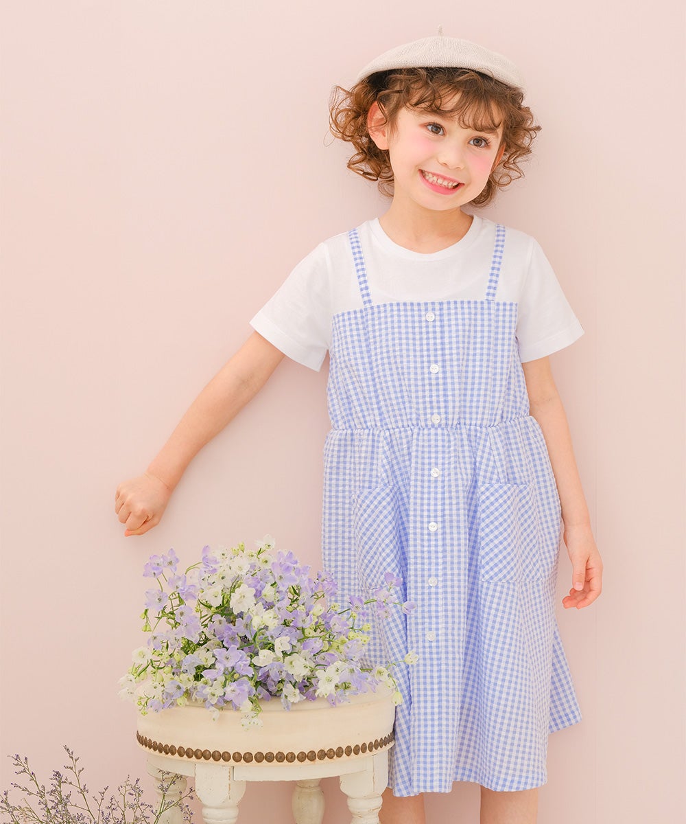 ベビー服 女の子 子ども服 こども服 こども キッズ ジュニア ギンガムチェック柄 重ね着風 ポケット ブルー(61) モデル画像1