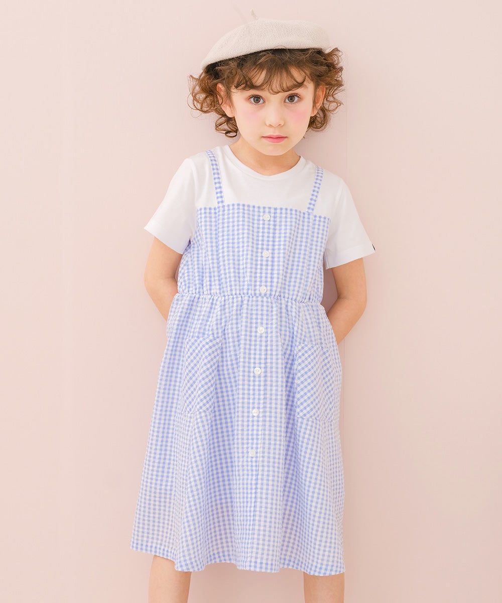 ベビー服 女の子 子ども服 こども服 こども キッズ ジュニア ギンガムチェック柄 重ね着風 ポケット ブルー(61) モデル画像2