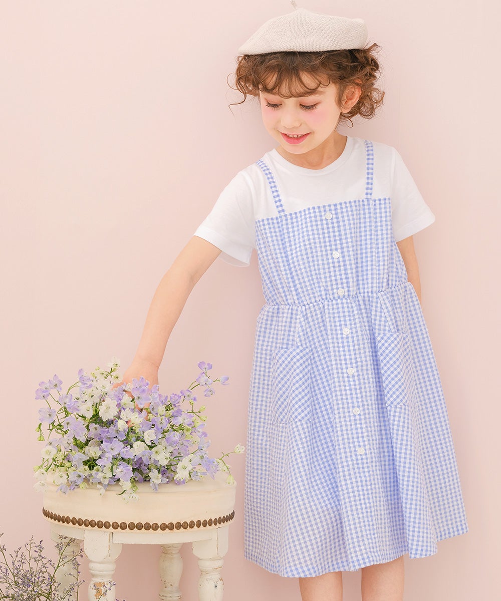 ベビー服 女の子 子ども服 こども服 こども キッズ ジュニア ギンガムチェック柄 重ね着風 ポケット ブルー(61) モデル画像3