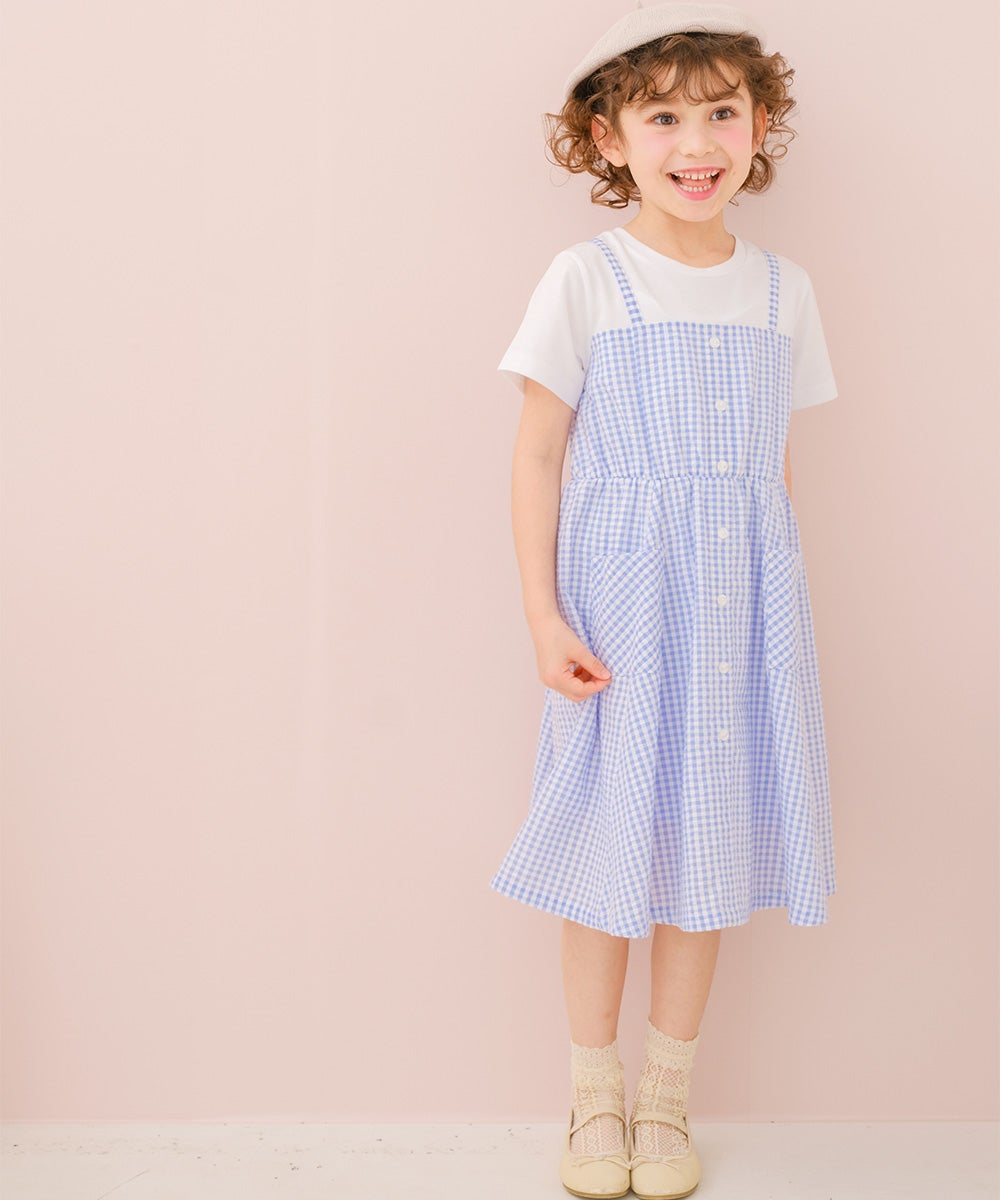 ベビー服 女の子 子ども服 こども服 こども キッズ ジュニア ギンガムチェック柄 重ね着風 ポケット ブルー(61) モデル画像4