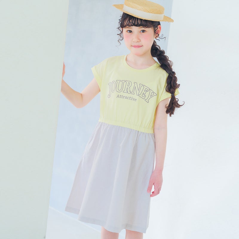 子供服 女の子 ロゴ刺繍 ギャザードッキングワンピース