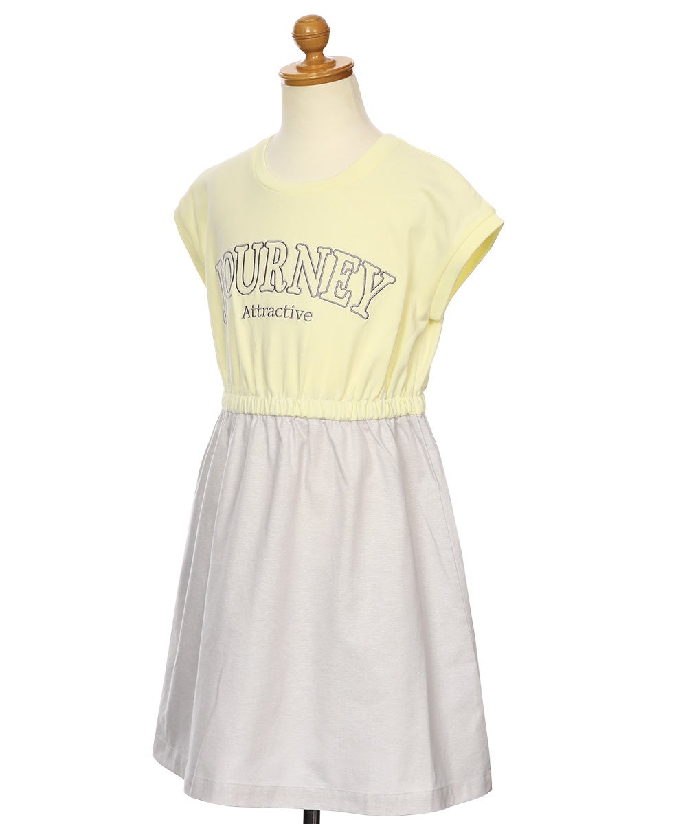 子供服 女の子 ロゴ刺繍 ギャザードッキングワンピース イエロー(04) トルソー斜め