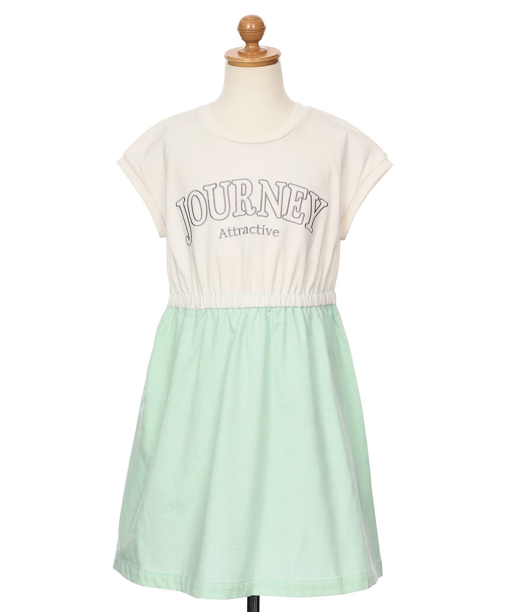 子供服 女の子 ロゴ刺繍 ギャザードッキングワンピース グリーン(08) トルソー正面