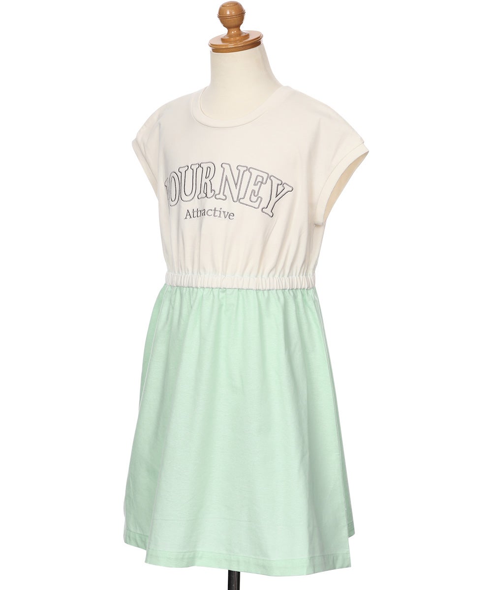 子供服 女の子 ロゴ刺繍 ギャザードッキングワンピース グリーン(08) トルソー斜め