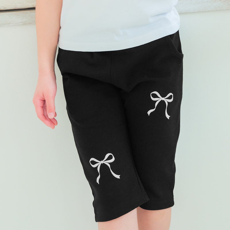 ベビー服 女の子 子ども服 こども キッズ ニットストレッチ リボン刺繍 ポケットつき 6分丈パンツ