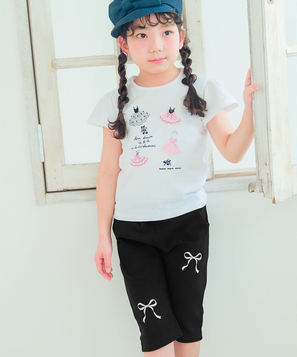 ベビー服 女の子 子ども服 こども キッズ ニットストレッチ リボン刺繍 ポケットつき 6分丈パンツ ブラック(00) モデル画像アップ