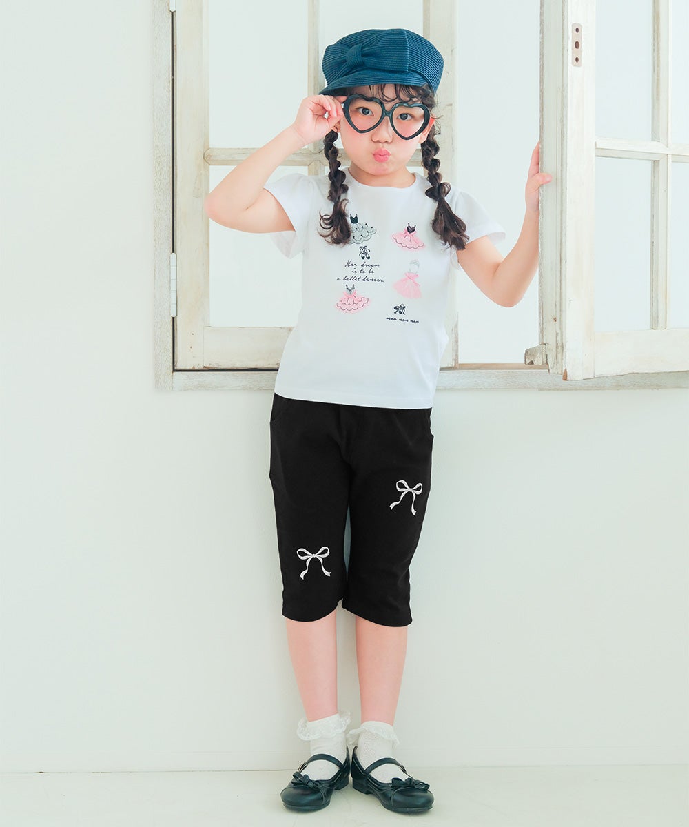 ベビー服 女の子 子ども服 こども キッズ ニットストレッチ リボン刺繍 ポケットつき 6分丈パンツ ブラック(00) モデル画像1