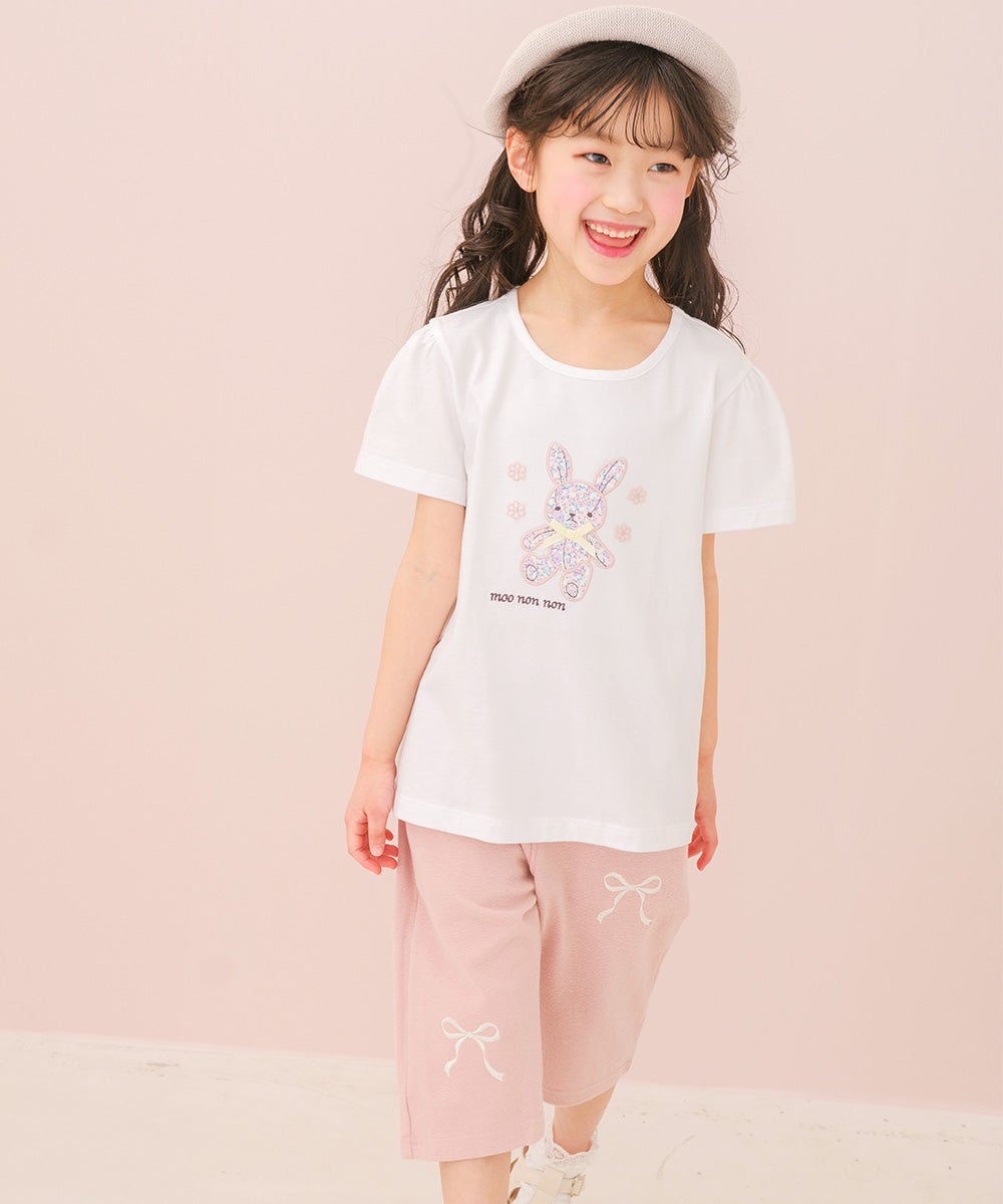 ベビー服 女の子 子ども服 こども キッズ ニットストレッチ リボン刺繍 ポケットつき 6分丈パンツ ピンク(02) モデル画像アップ
