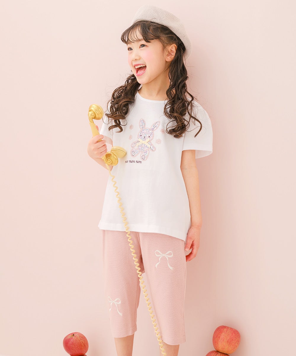 ベビー服 女の子 子ども服 こども キッズ ニットストレッチ リボン刺繍 ポケットつき 6分丈パンツ ピンク(02) モデル画像1