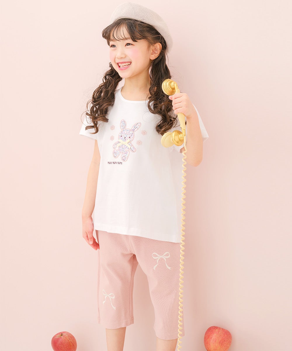 ベビー服 女の子 子ども服 こども キッズ ニットストレッチ リボン刺繍 ポケットつき 6分丈パンツ ピンク(02) モデル画像2