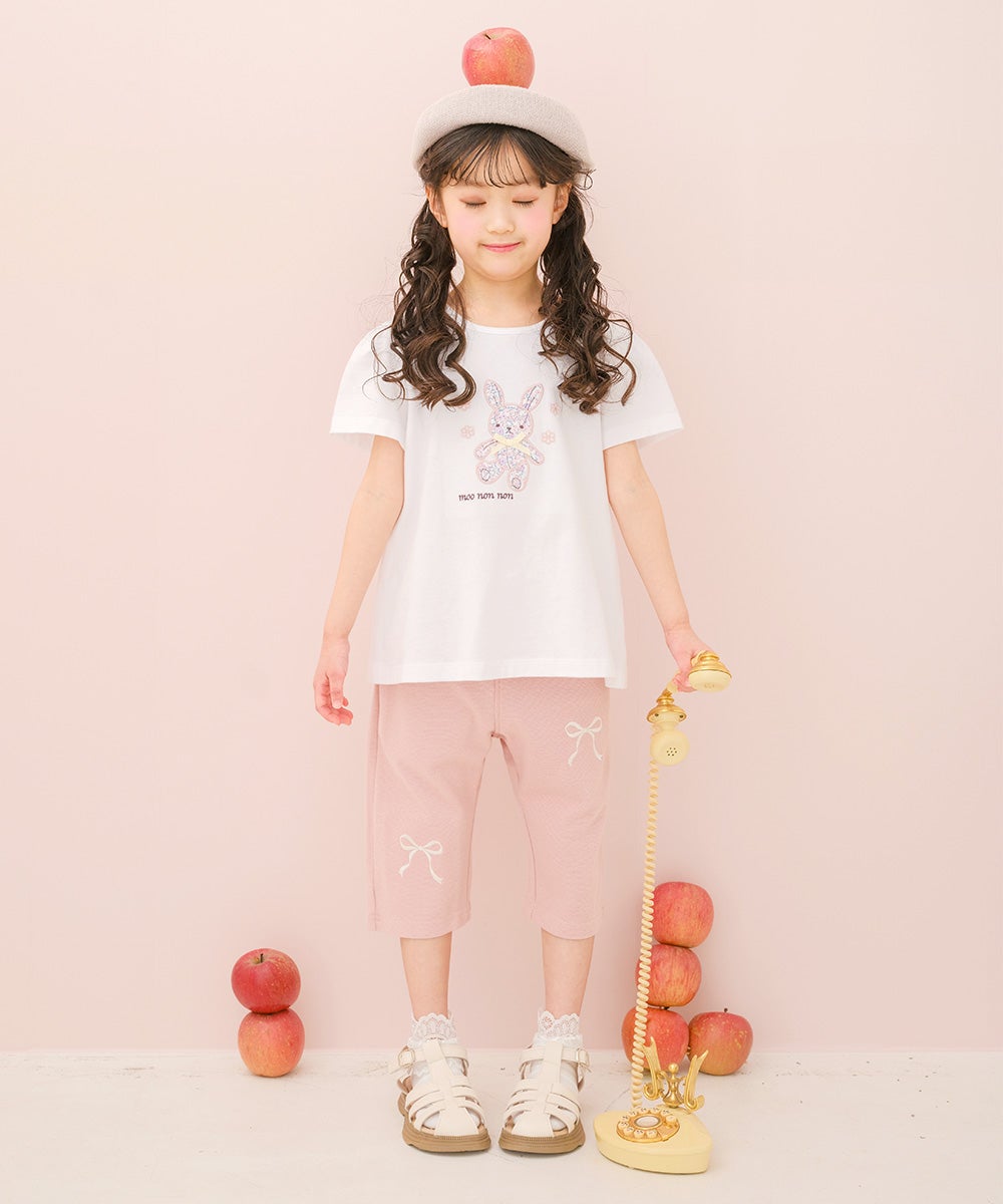 ベビー服 女の子 子ども服 こども キッズ ニットストレッチ リボン刺繍 ポケットつき 6分丈パンツ ピンク(02) モデル画像3