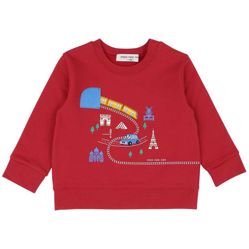 ベビー服 男の子 電車 車 刺繍 乗り物 トレーナー レッド(03) 正面