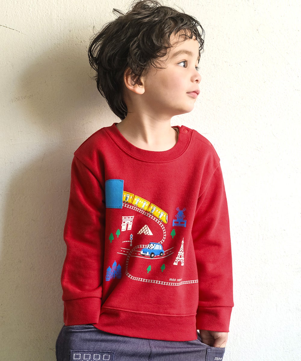 ベビー服 男の子 電車 車 刺繍 乗り物 トレーナー レッド(03) モデル画像アップ