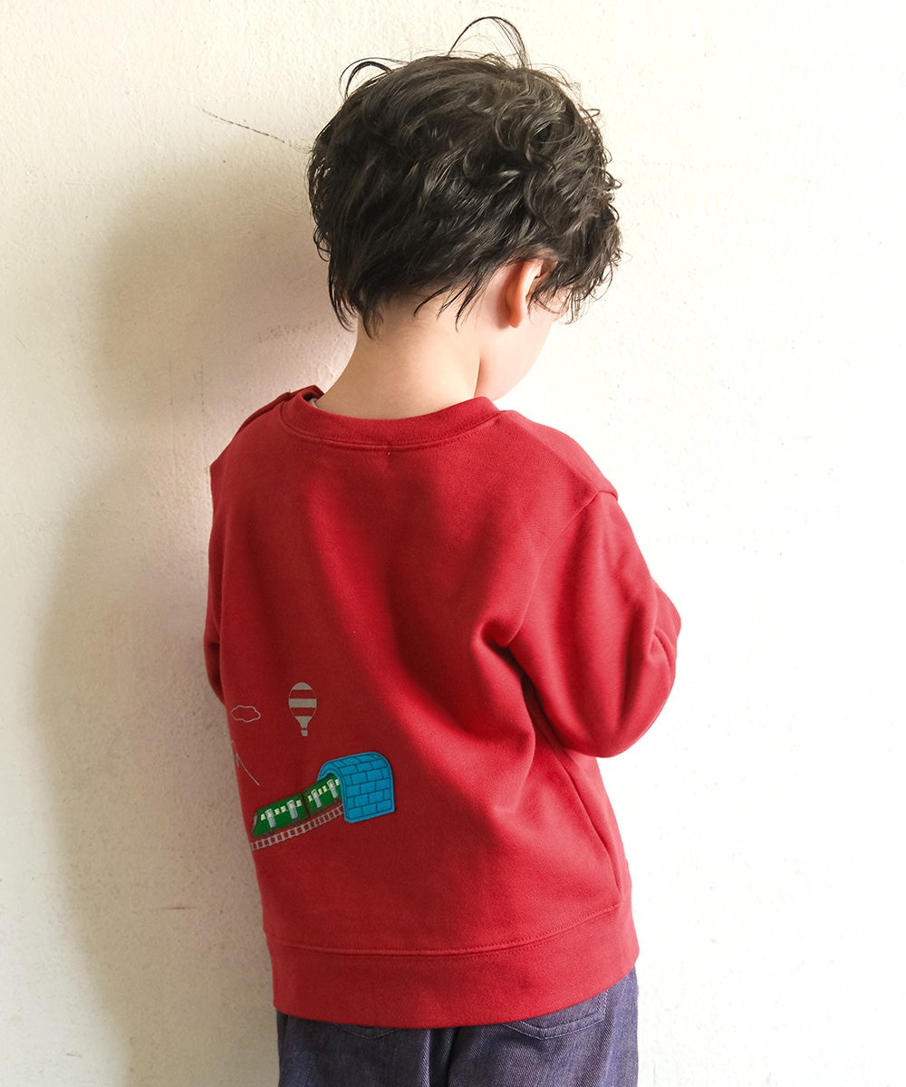 ベビー服 男の子 電車 車 刺繍 乗り物 トレーナー レッド(03) モデル画像1